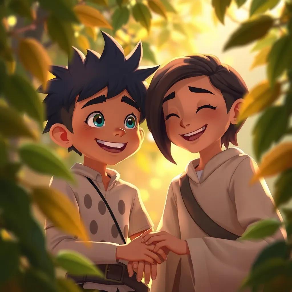 منتجب and مجتبى resolving their argument with smiles, planning their descent together, unity in their expressions, warm light filtering through leaves, detailed scene