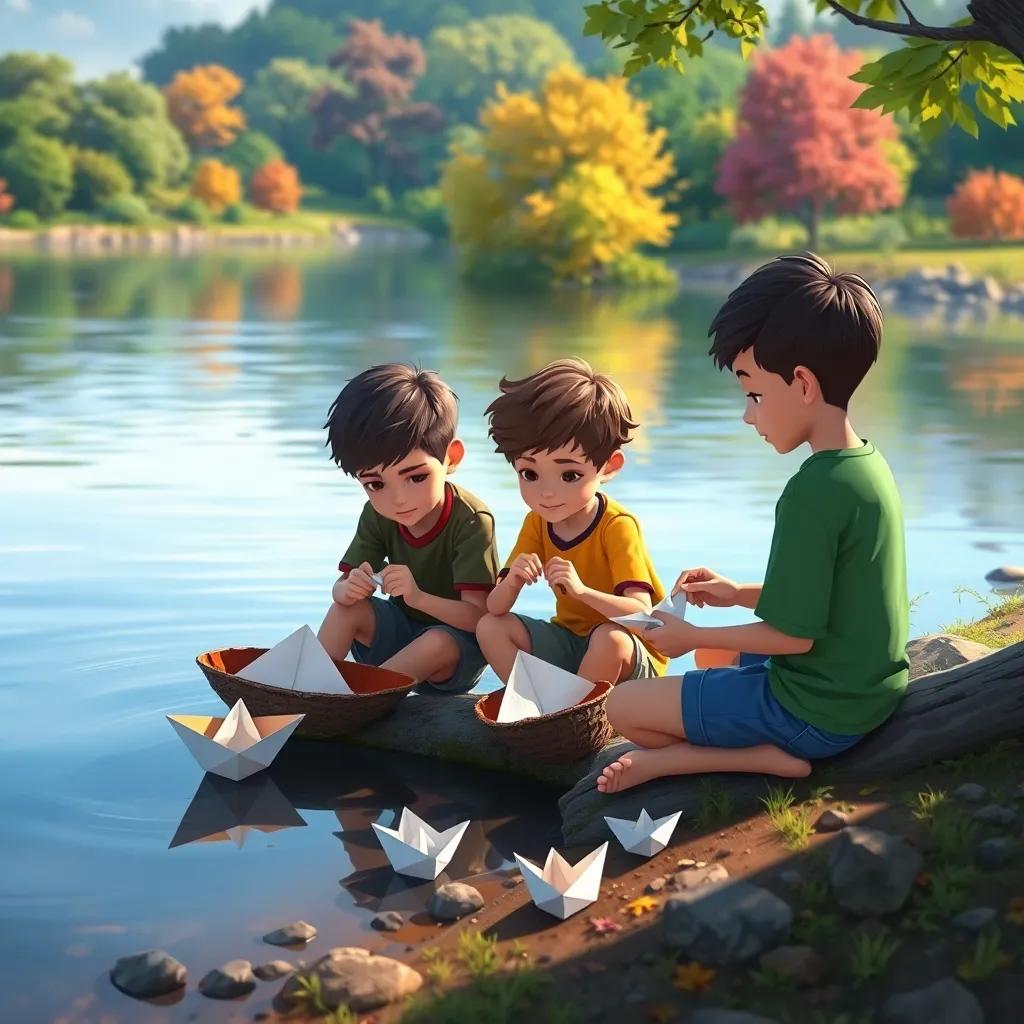 At the riverbank, the boys are creating paper boats with concentration, peaceful water and colorful nature surrounding them, inviting atmosphere, high quality