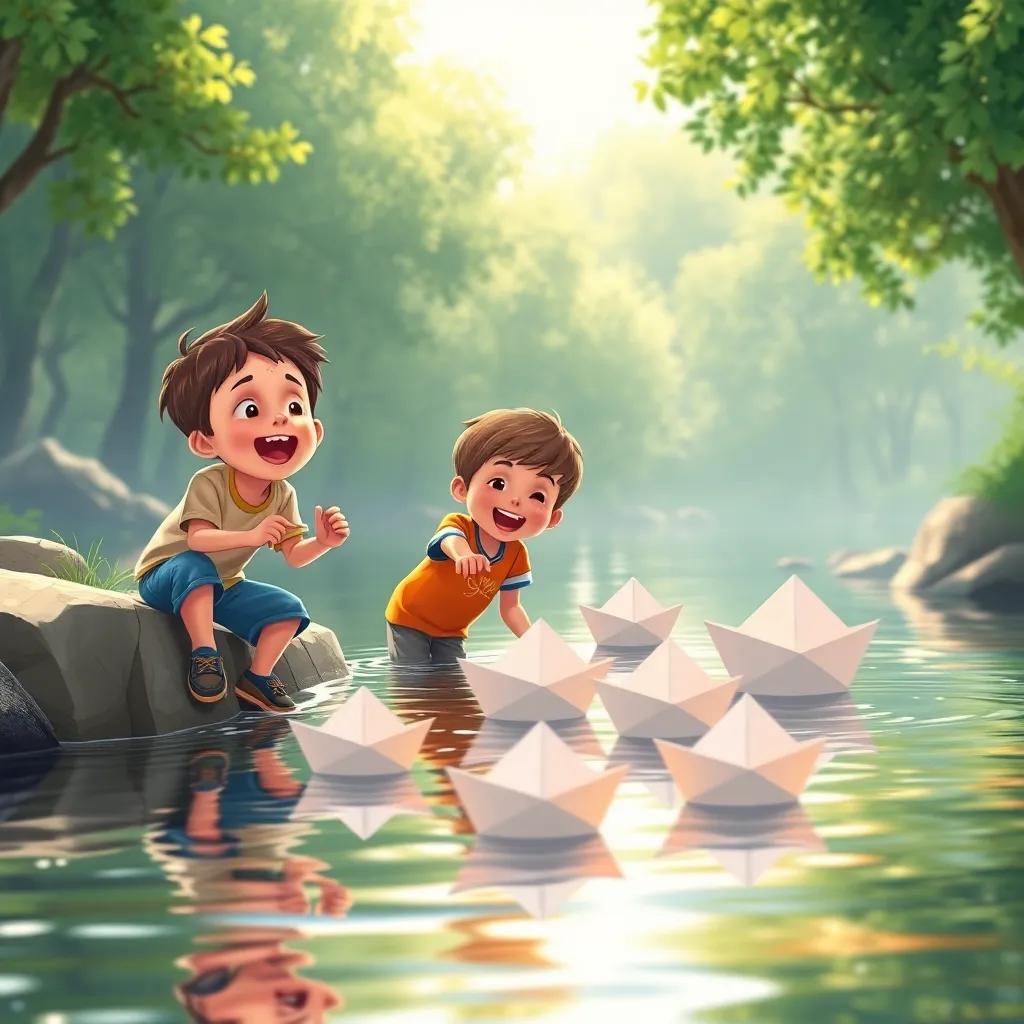 The boys launching their paper boats into the river, joy and laughter as they watch the boats float, bright reflections on the water, cheerful and engaging