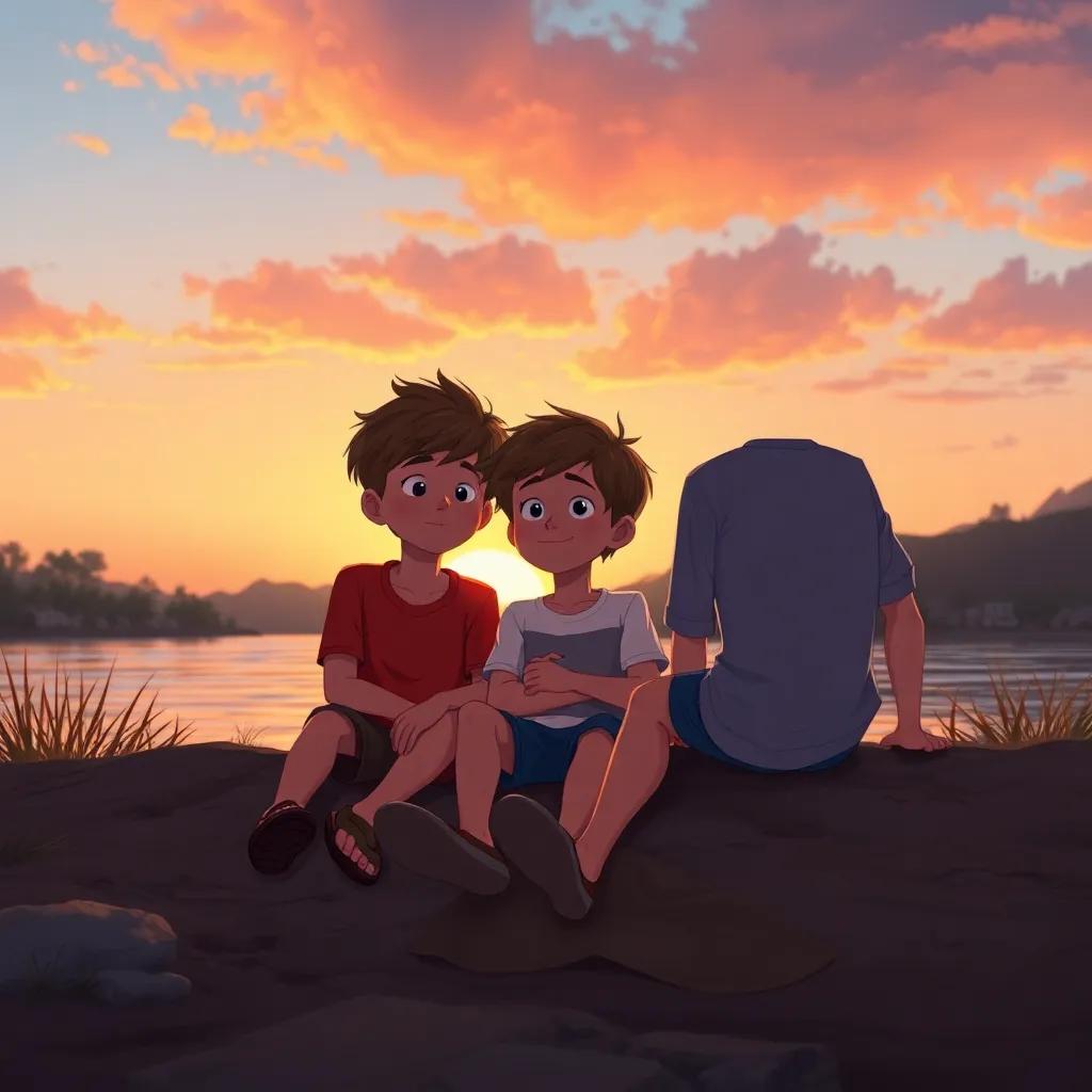 The boys resting on the riverbank, sharing their thoughts about adventures together, a beautiful sunset in the background, warm and lovely scene, high quality