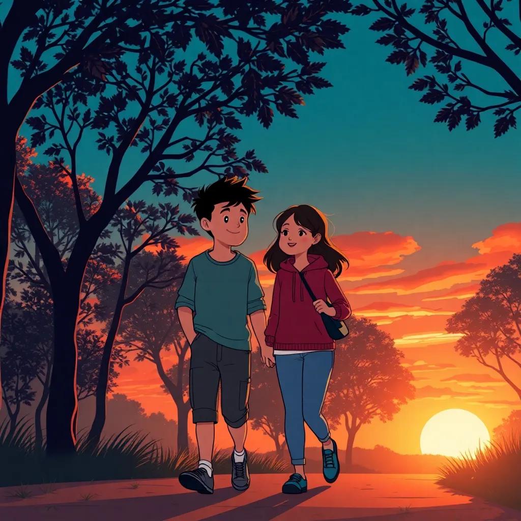 منتجب and مجتبى walking home together at sunset, happy and content, with the silhouettes of trees around them, warm colors, heartfelt atmosphere, detailed illustration