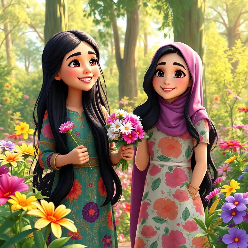 A young Arab girl, Maha, with long, dark hair, wearing a colorful dress, happily holding flowers with her friend Sarah. They are surrounded by vibrant flowers and tall trees in a sunny garden, cheerful atmosphere, digital art, bright colors, joyful setting, high quality
