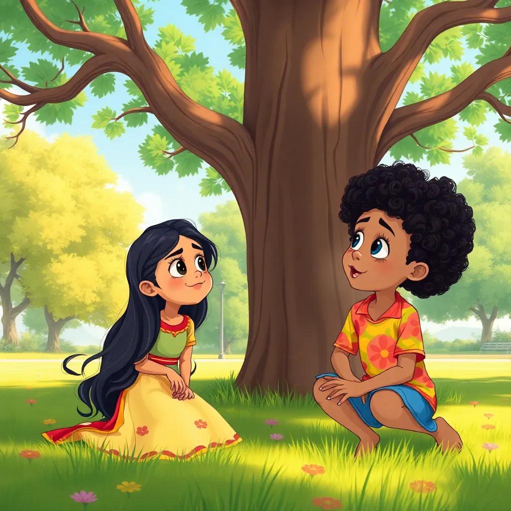Maha, a young Arab girl with long, dark hair in a colorful dress, and Sarah, with short curly hair and a vibrant shirt, playing under a big tree in a sunny park. They look excited while hearing a strange sound, illustrated in a playful style, vivid colors, magical atmosphere, child-friendly