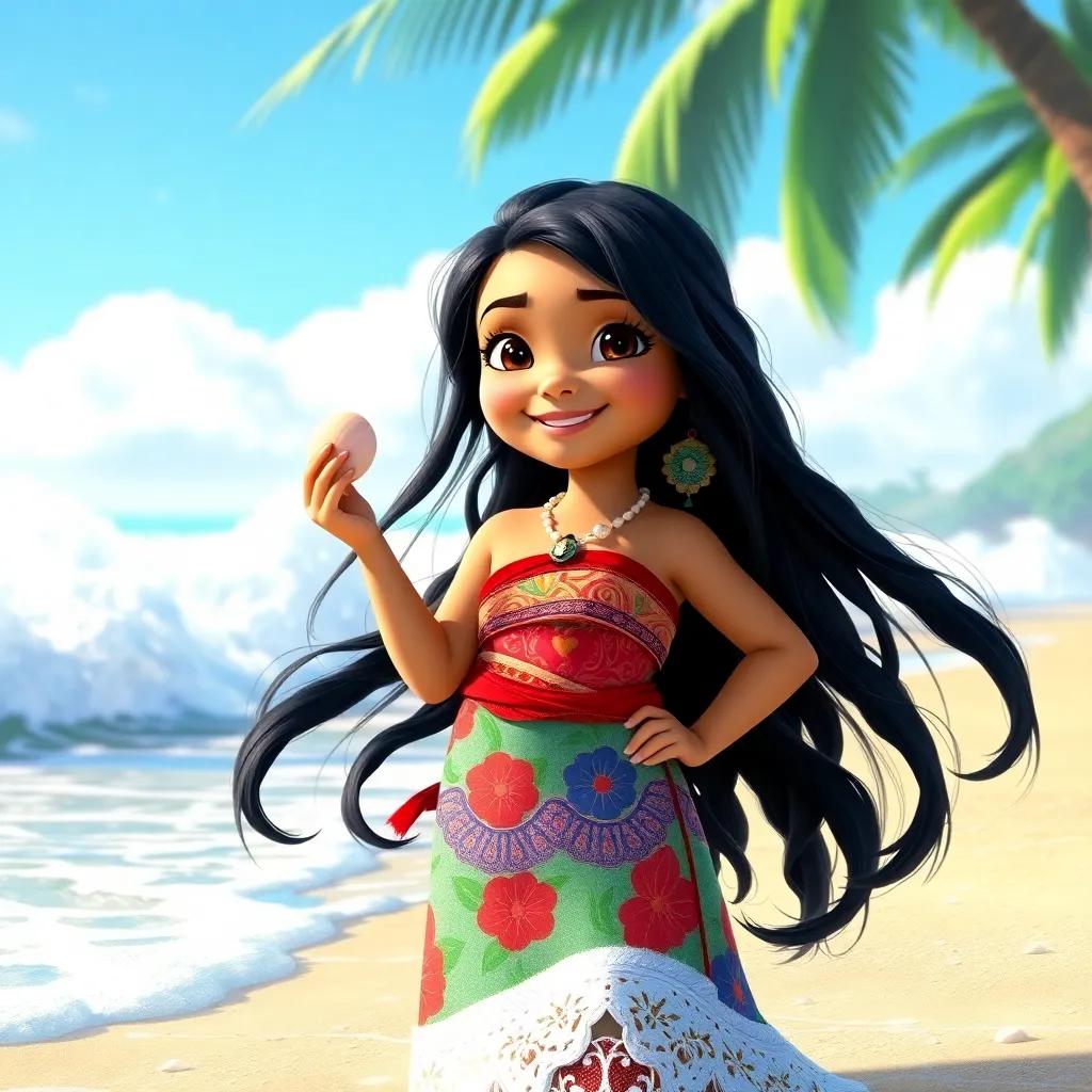 A young girl, Moana, with long black hair, wearing a colorful traditional dress, standing on a beach with waves crashing around her, smiling and holding a seashell, tropical scenery, bright sunlight, vivid colors, joyful atmosphere, high quality