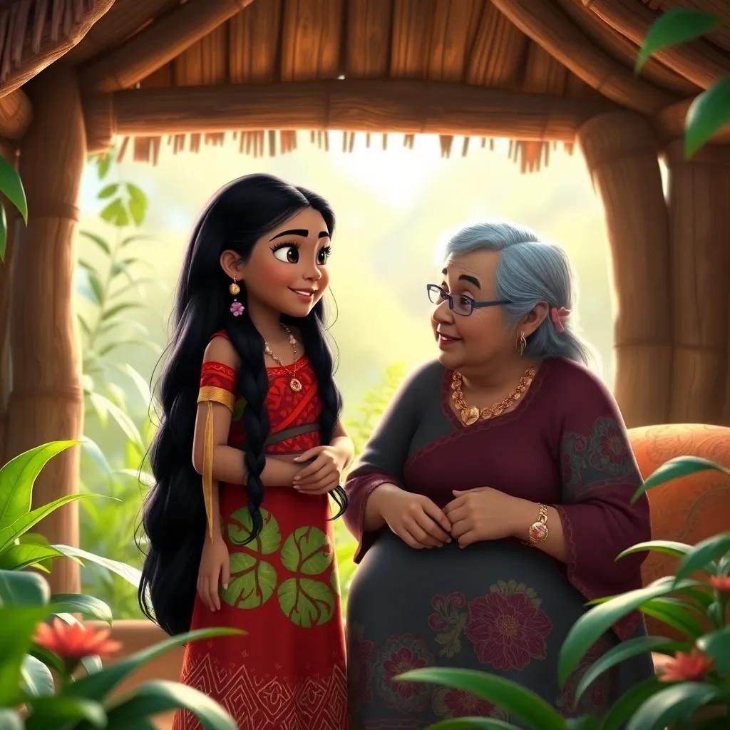 Moana, a young girl with long black hair wearing a colorful traditional dress, talking to her grandmother, an elderly woman with gray hair, in a warm and cozy hut surrounded by plants, soft lighting, friendly atmosphere, high quality