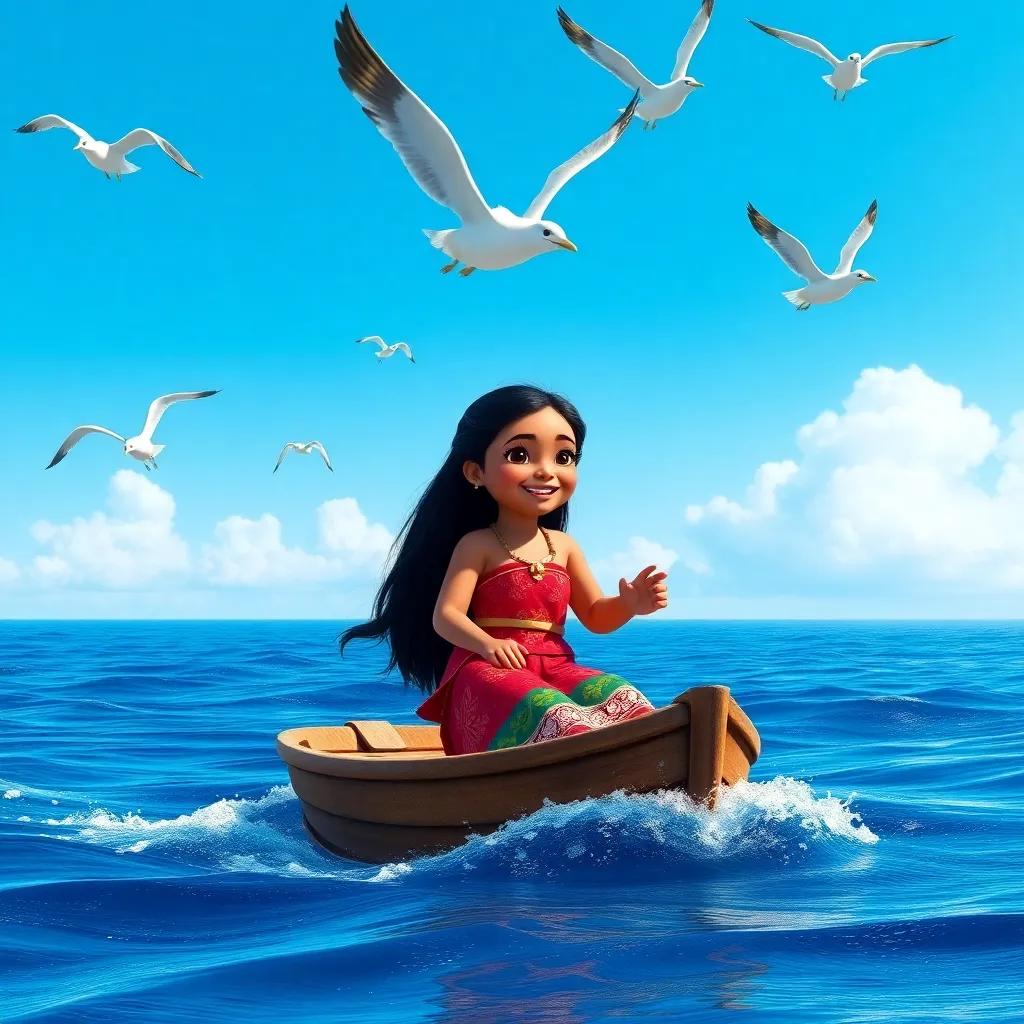 Moana, a young girl with long black hair wearing a colorful traditional dress, sailing on a small boat in the bright blue ocean, with seagulls flying overhead and reaching for the sky, cheerful mood, sunny day, high quality