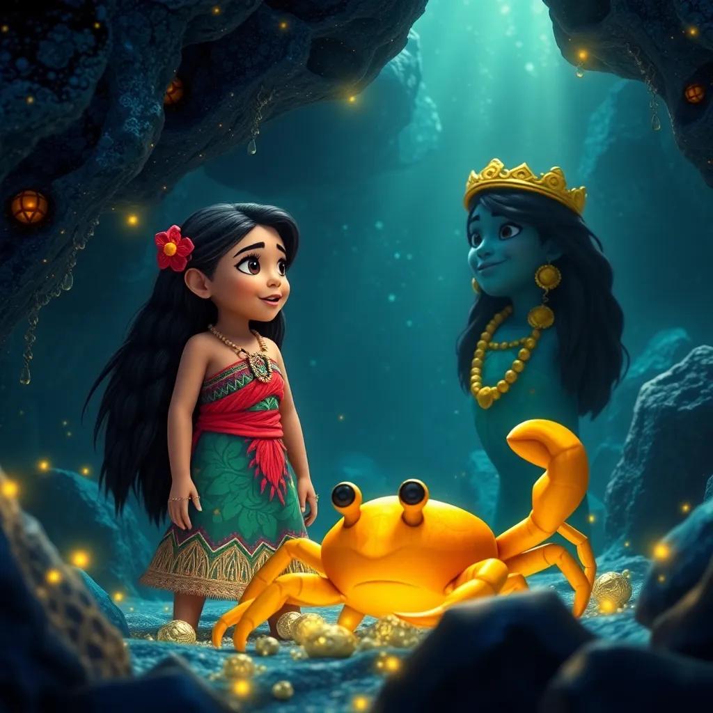 Moana, a young girl with long black hair wearing a colorful traditional dress, meeting Tamatoa, the golden crab, in a glittering underwater cave filled with treasures, mysterious lighting, colorful visuals, high quality