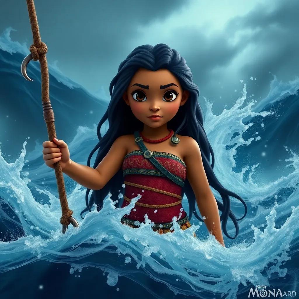 Moana, a young girl with long black hair, holding a broken fishing hook, looking determined in the middle of a stormy sea, fierce waves crashing around her, dramatic and intense atmosphere, high quality
