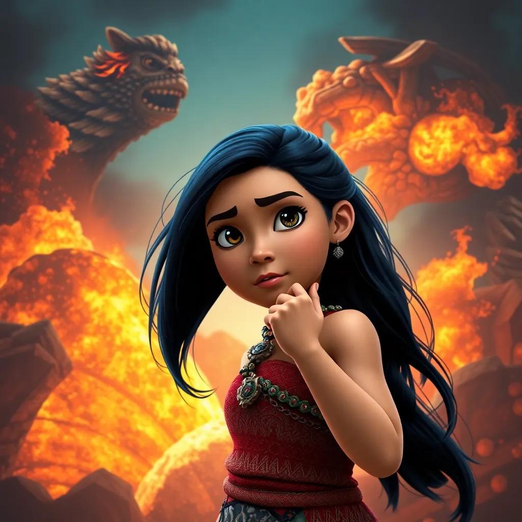 Moana, a young girl with long black hair, focusing and thinking hard while facing Te Kā, fiery background showing a clash of elements, powerful and motivational scene, high quality