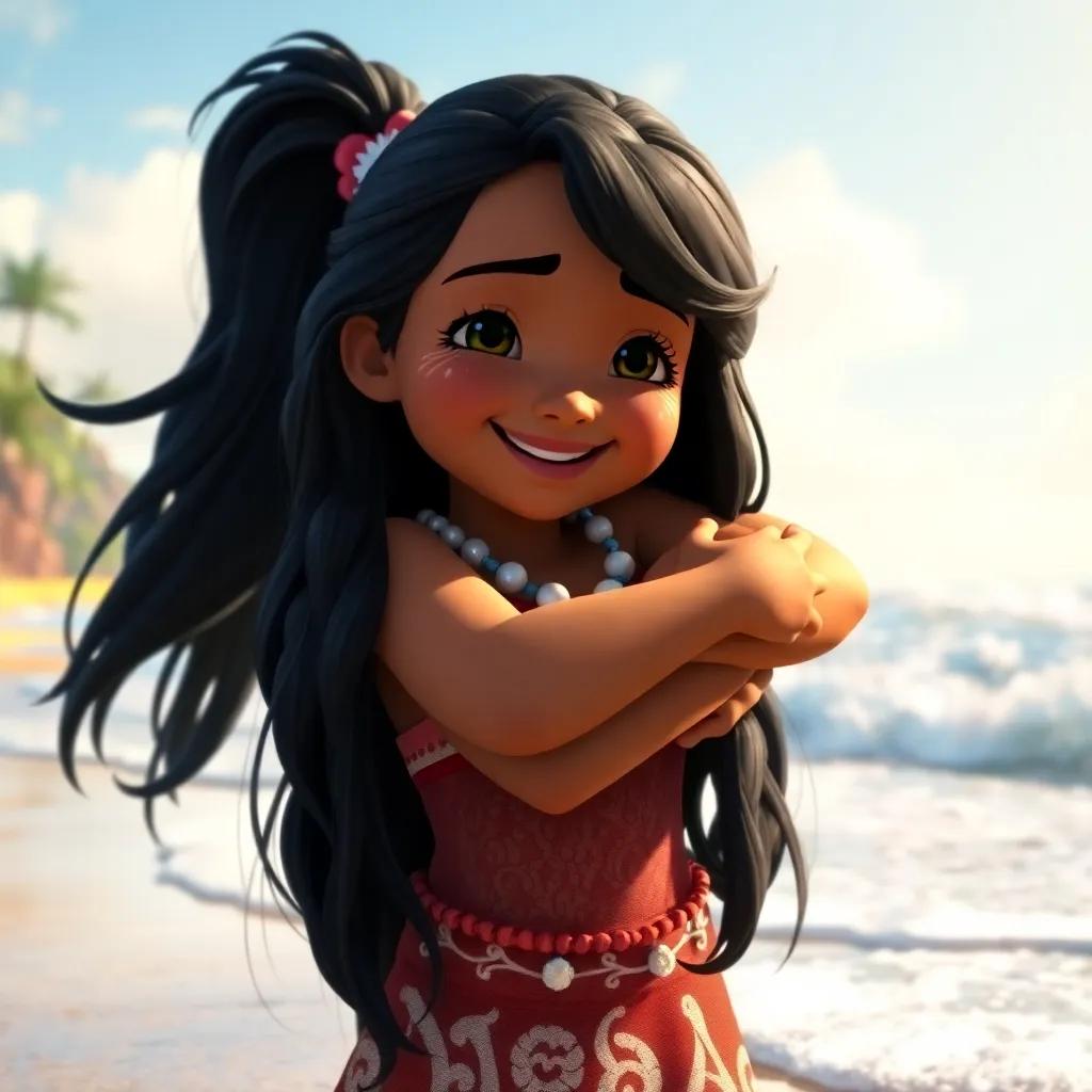 Moana, a young girl with long black hair with happy tears, embracing her friends on a sunny beach as the waves crash gently, joy and bliss shown in their expressions, uplifting and heartwarming scene, high quality