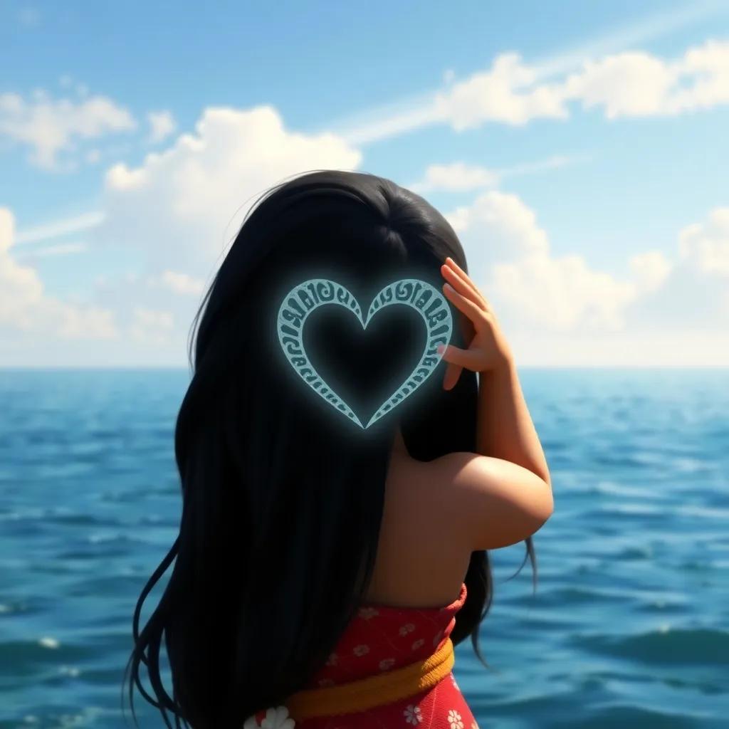 Moana, a young girl with long black hair, looking out over a calm ocean, a heart-shaped glow in her hands, symbolizing strength and unity, serene and hopeful atmosphere, bright colors, magical essence, high quality