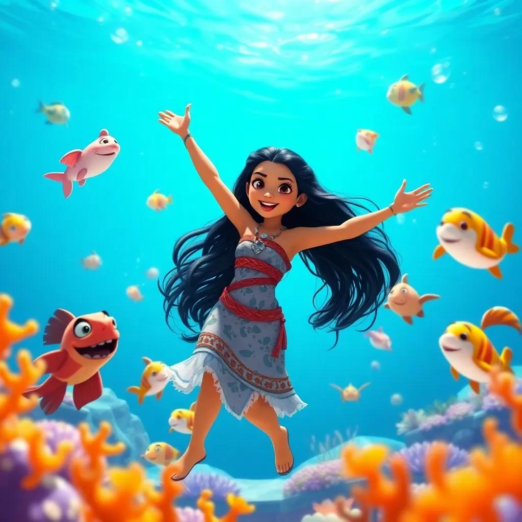 Moana, a young girl with long black hair, dancing joyfully with sea creatures around her in a vibrant underwater scene in the middle of clear blue water, warm and inviting colors, wonderfully cheerful ambiance, high quality