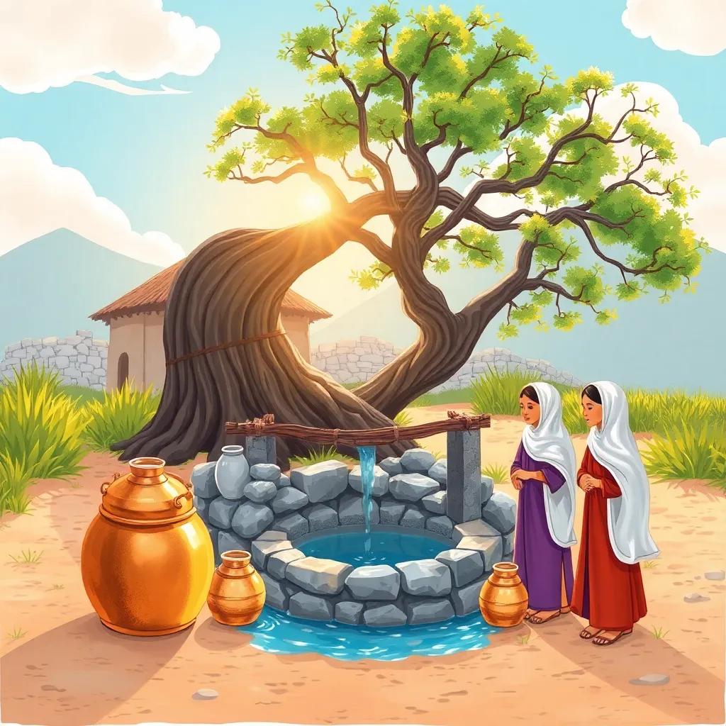 A beautiful village morning scene with sunlight reflecting on copper water buckets, an ancient ghaf tree casting shade over the well, women in traditional attire waiting to fill their water jars, cheerful atmosphere, vibrant colors, high quality