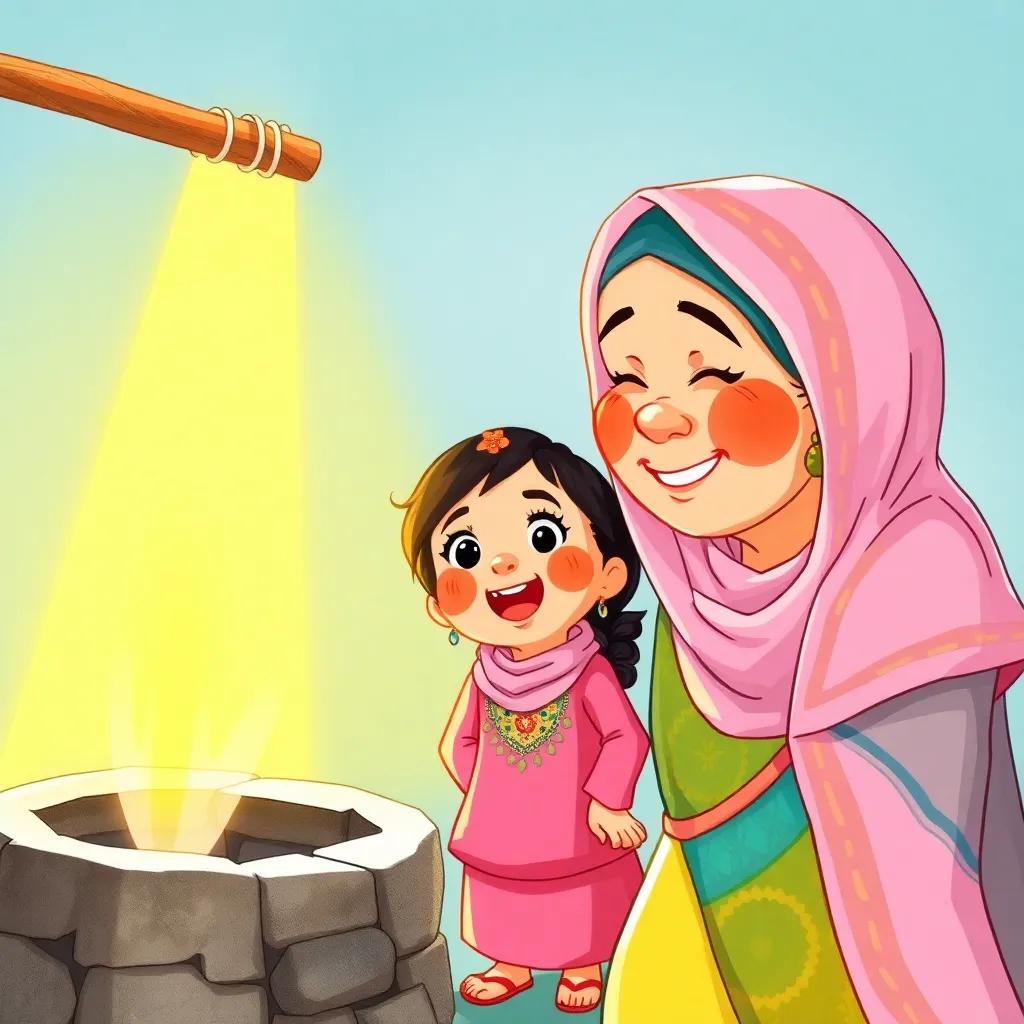 A young girl, Mawza, wearing a pink kandura and a decorative agal, excitedly asking her grandmother about the well, with the golden sunlight illuminating their faces, colorful and lively, joyful interaction, charming style