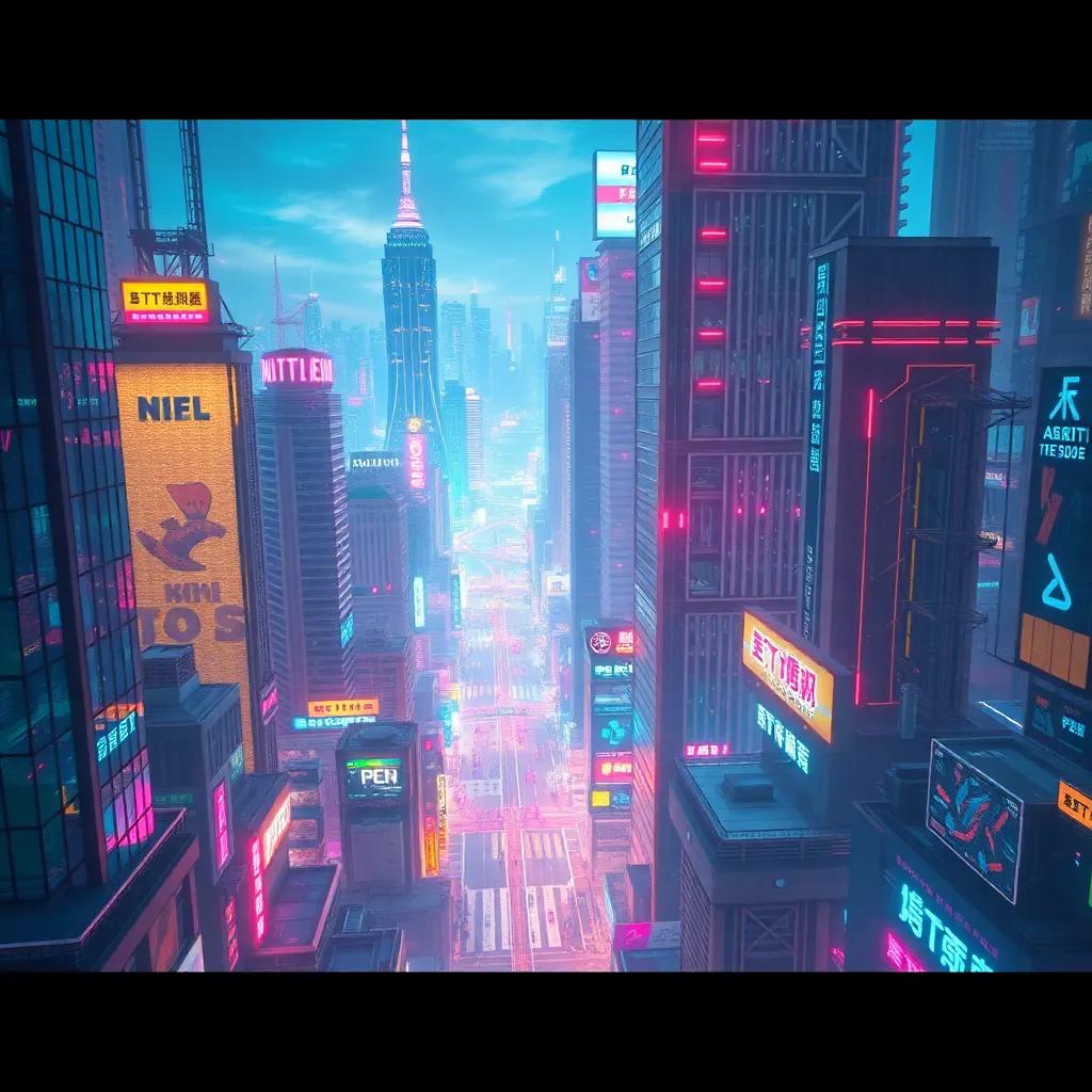 A beautiful aerial view of a vibrant, futuristic city with tall buildings and sparkling lights, showcasing its advanced technology, digital art, bright colors, bustling atmosphere, high quality