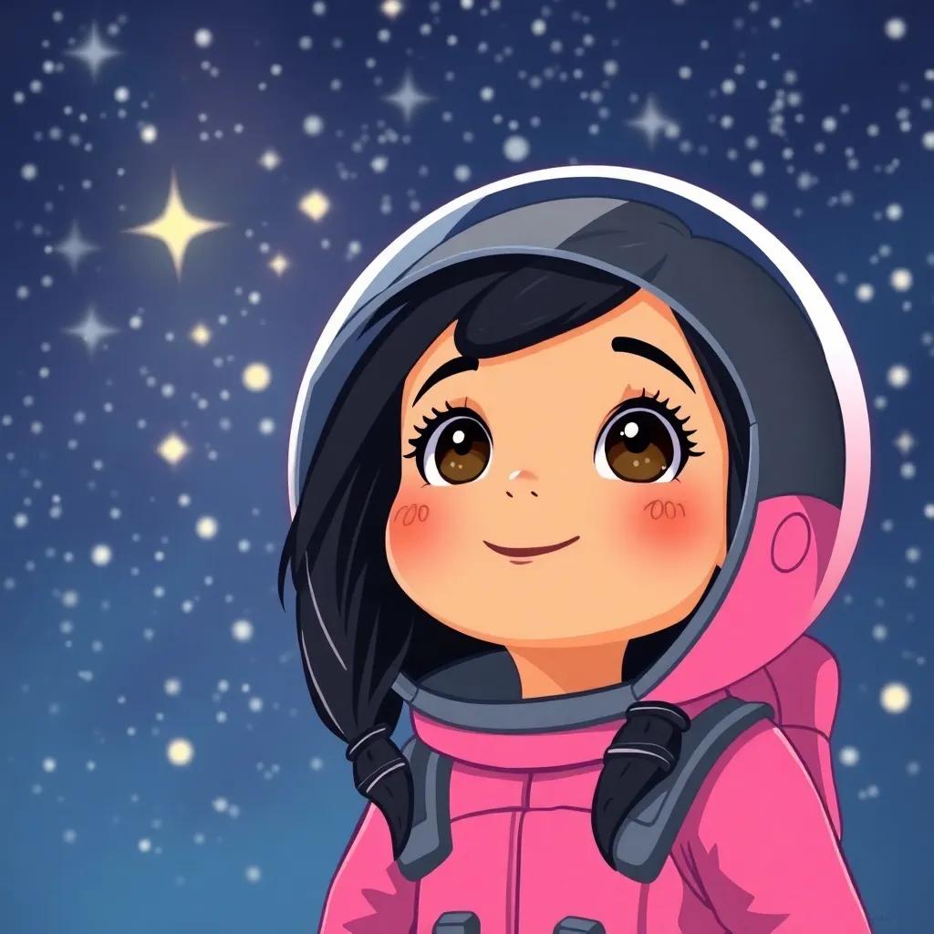 A young Arabic girl, موني, with black hair wearing a pink spacesuit, looking excited as she gazes at the twinkling stars in a bright night sky, illustration, colorful, cheerful, child-friendly atmosphere, high quality