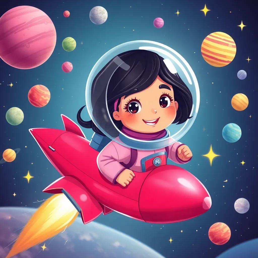 موني, a young Arabic girl with black hair in a pink spacesuit, flying in a shiny rocket ship, surrounded by colorful planets and sparkling stars, delightful illustration, vibrant colors, adventurous scene, high quality