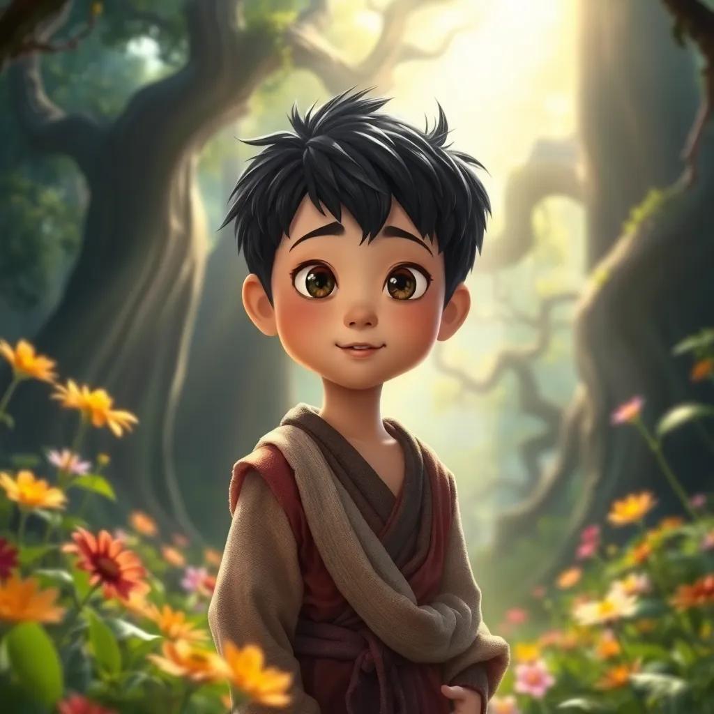 A mystical forest with bright light shining down, a young Asian boy, Mo Lin, wearing tattered robes, looking curious and determined, surrounded by vibrant flowers and ancient trees, digital art, colorful, inviting atmosphere, high quality