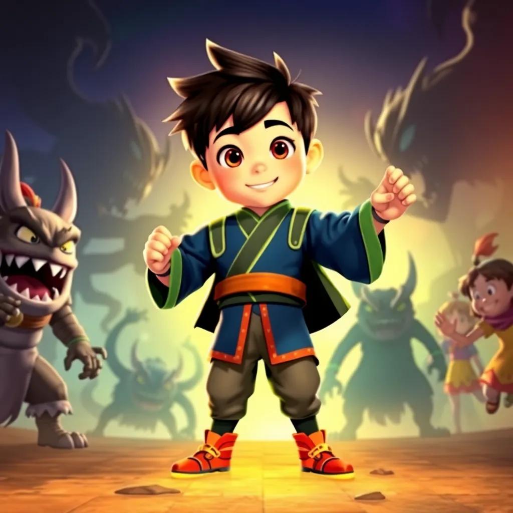 A brave young boy, Mo Lin, standing strong in a dramatic battle against shadowy monsters, with his friends cheering him on, vibrant colors, action-packed scene, high quality