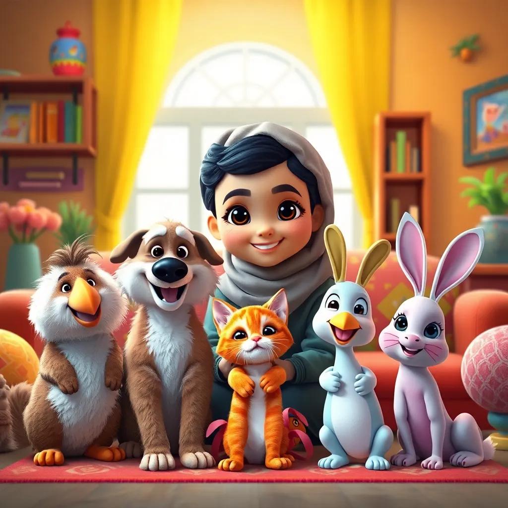 A small orange cat named Mia, a young Arab girl, sitting in a warm colorful living room with her friends; a fluffy dog named Buddy, a cheerful bird named Toto, and a cute bunny named Lulu, all smiling, digital art, vibrant colors, cozy atmosphere, child-friendly