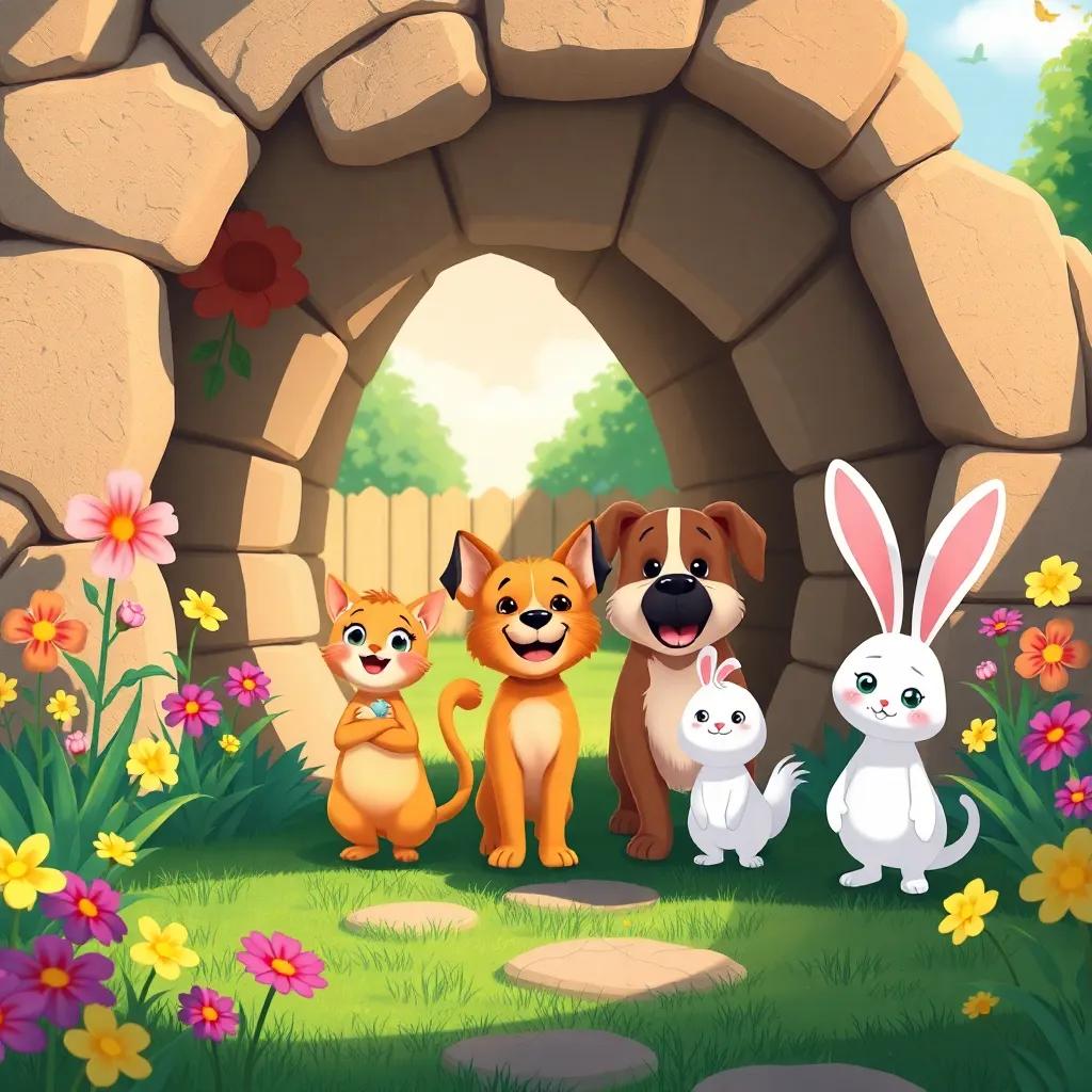 Mia, a small orange cat, with Buddy, a fluffy dog, Toto, a cheerful yellow bird, and Lulu, a cute white bunny, standing at the entrance of a magical tunnel in the backyard, with vibrant flowers and sunny sky, illustration, whimsical, adventure-themed, inviting