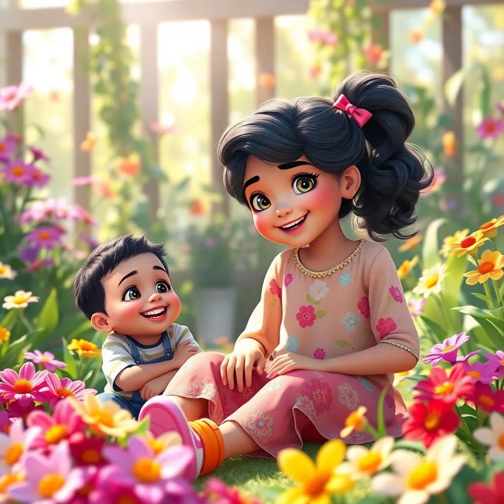 A beautiful and active girl, Mira, sitting in her garden with her little brother Mustafa, both smiling and playing, colorful flowers around them, bright sunlight, cheerful atmosphere, digital painting, vibrant colors, joyful scene, high quality