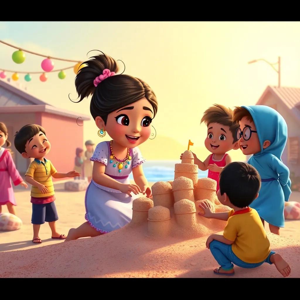 Mira, a beautiful and active girl, helping her neighbors build a sandcastle with her little brother Mustafa, children playing and laughing together, festive atmosphere, warm light, friendly scene, colorful and inviting, high quality