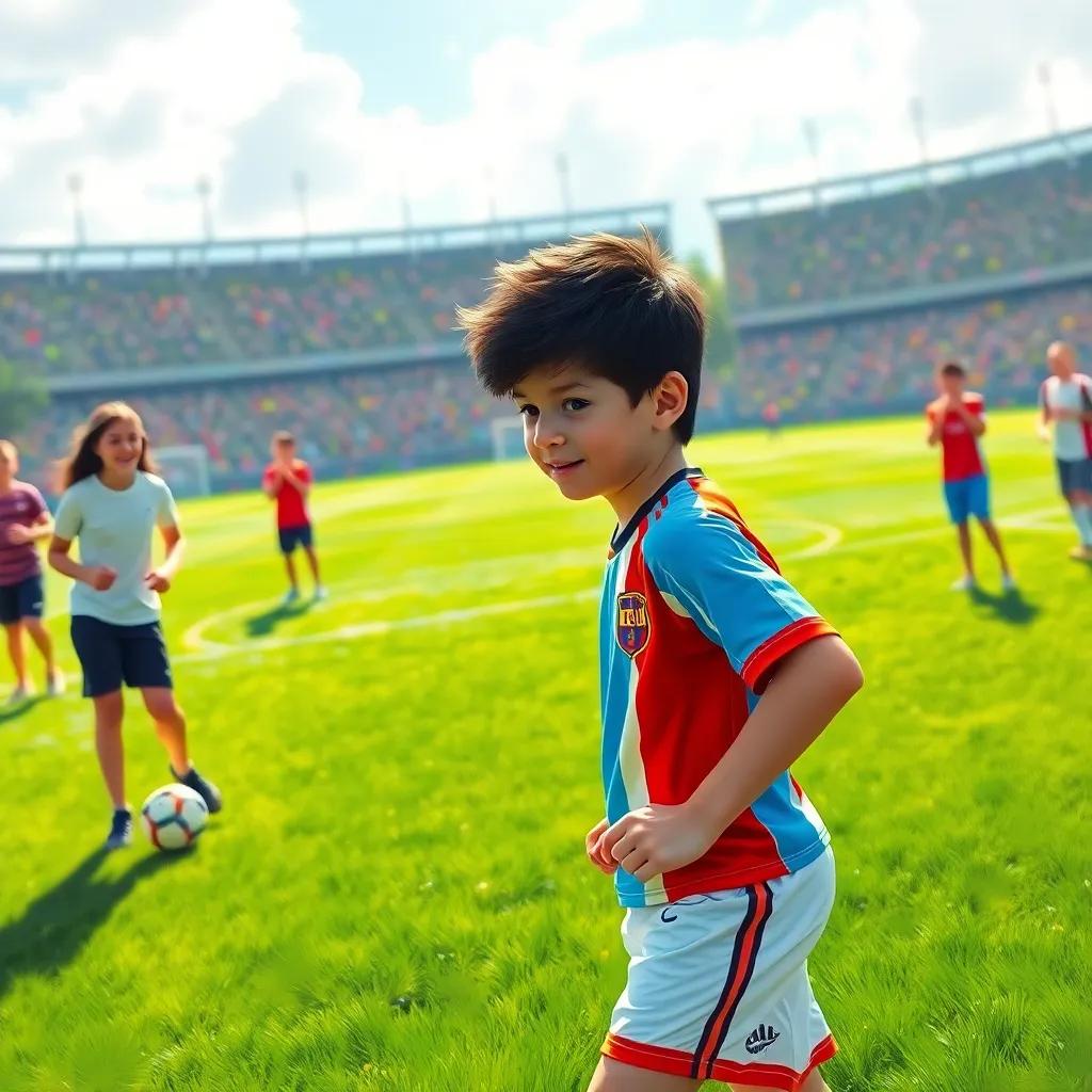 A young Argentine boy, Lionel Messi, with dark hair wearing a sporty jersey and shorts, practicing on a sunlit football field, surrounded by green grass and cheering friends, digital art, vibrant colors, cheerful atmosphere, high quality