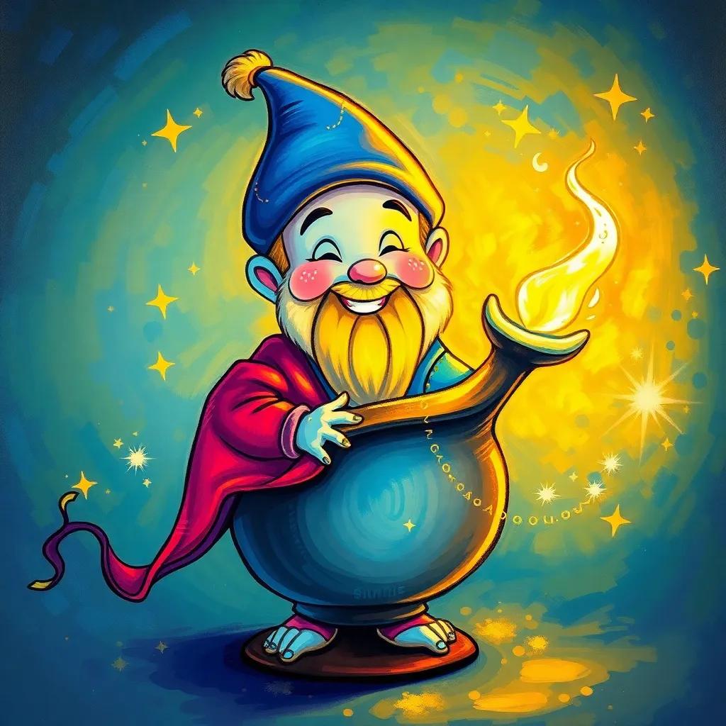 A small genie appearing from a glowing magic lamp, colorful and whimsical, with sparkles all around, smiling warmly at Messi and his friends, illustration, playful, fantasy-themed, child-friendly