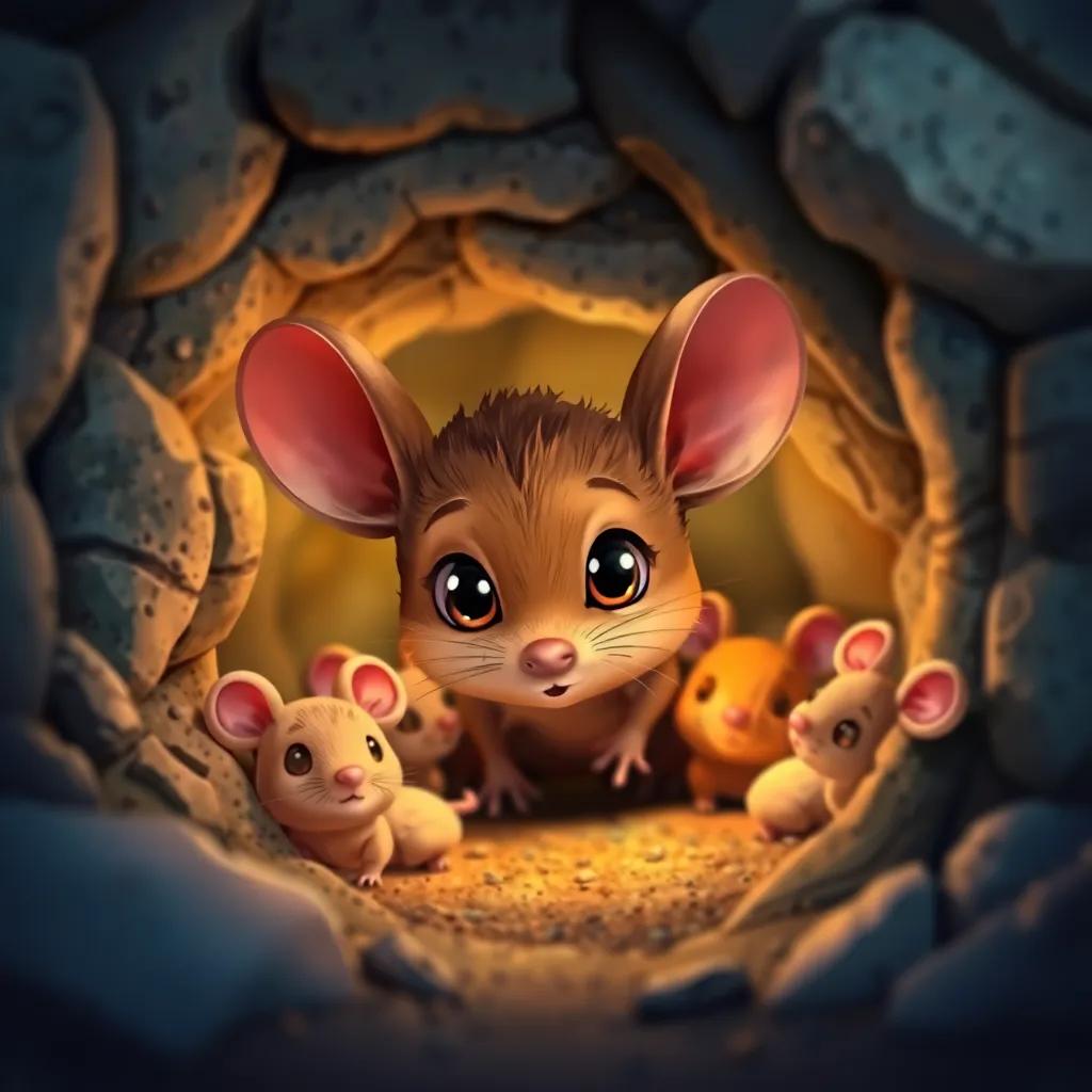 A small brown mouse, Mimo, with big bright eyes and tiny ears, sneaking into a cozy underground burrow, surrounded by his family, vibrant colors, inviting atmosphere, cute and playful, high quality