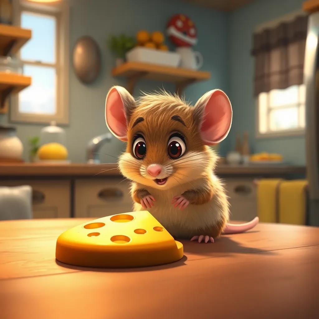 A small mouse, Mimo, with shiny fur, finding a golden piece of cheese on a table in a human kitchen, amazed expression, warm kitchen light, detailed and colorful, whimsical, digital art