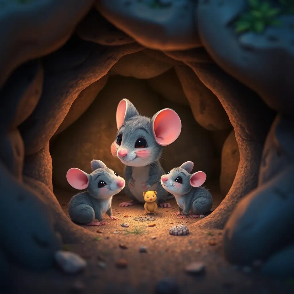 A small mouse, Mimo, a curious and adventurous little creature, looking around his small burrow with his family, cozy and warm underground, digital art, vibrant colors, inviting atmosphere, high quality