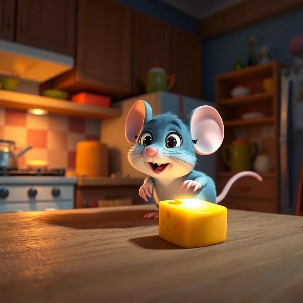 A small mouse, Mimo, sneaking into a human kitchen at night, with a shiny piece of cheese on the table, surprised, whimsical style, colorful lighting, playful ambiance, high detail