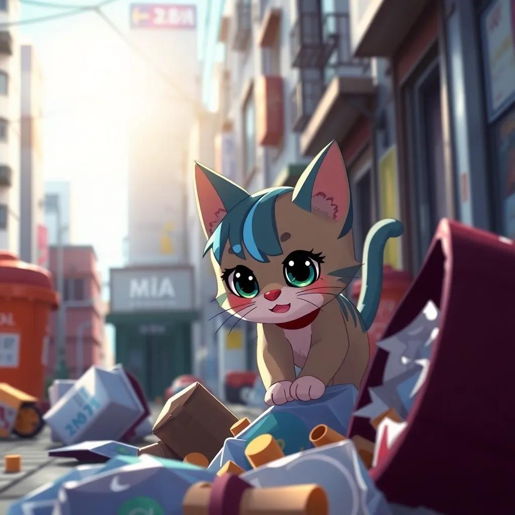 A small hungry cat named Miu, wandering in the city streets, looking through garbage for food under the bright sunlight, digital art, vivid colors, urban setting, high quality