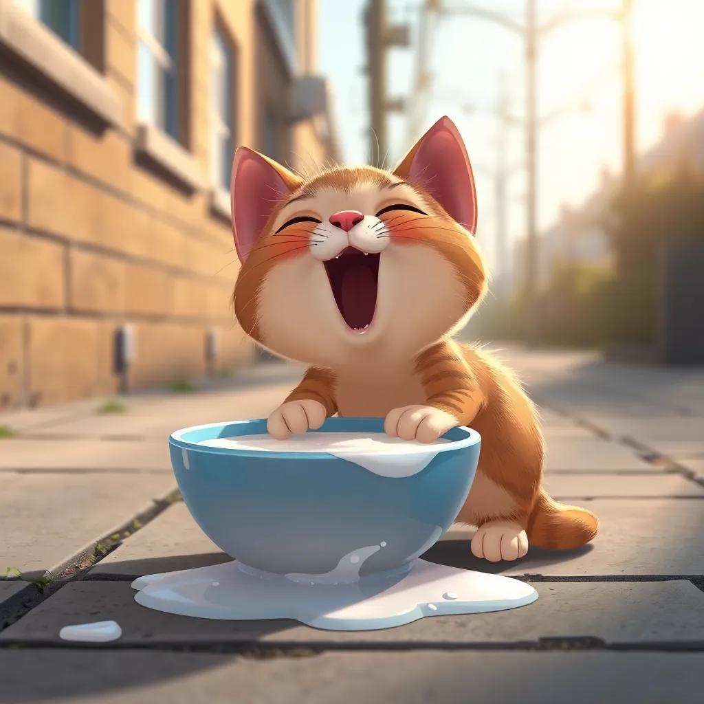Miu, a small hungry cat, joyfully drinking a big bowl of milk found on the sidewalk, sunlight shimmering on the milk, happy atmosphere, detailed illustration, vibrant tones, delightful scene