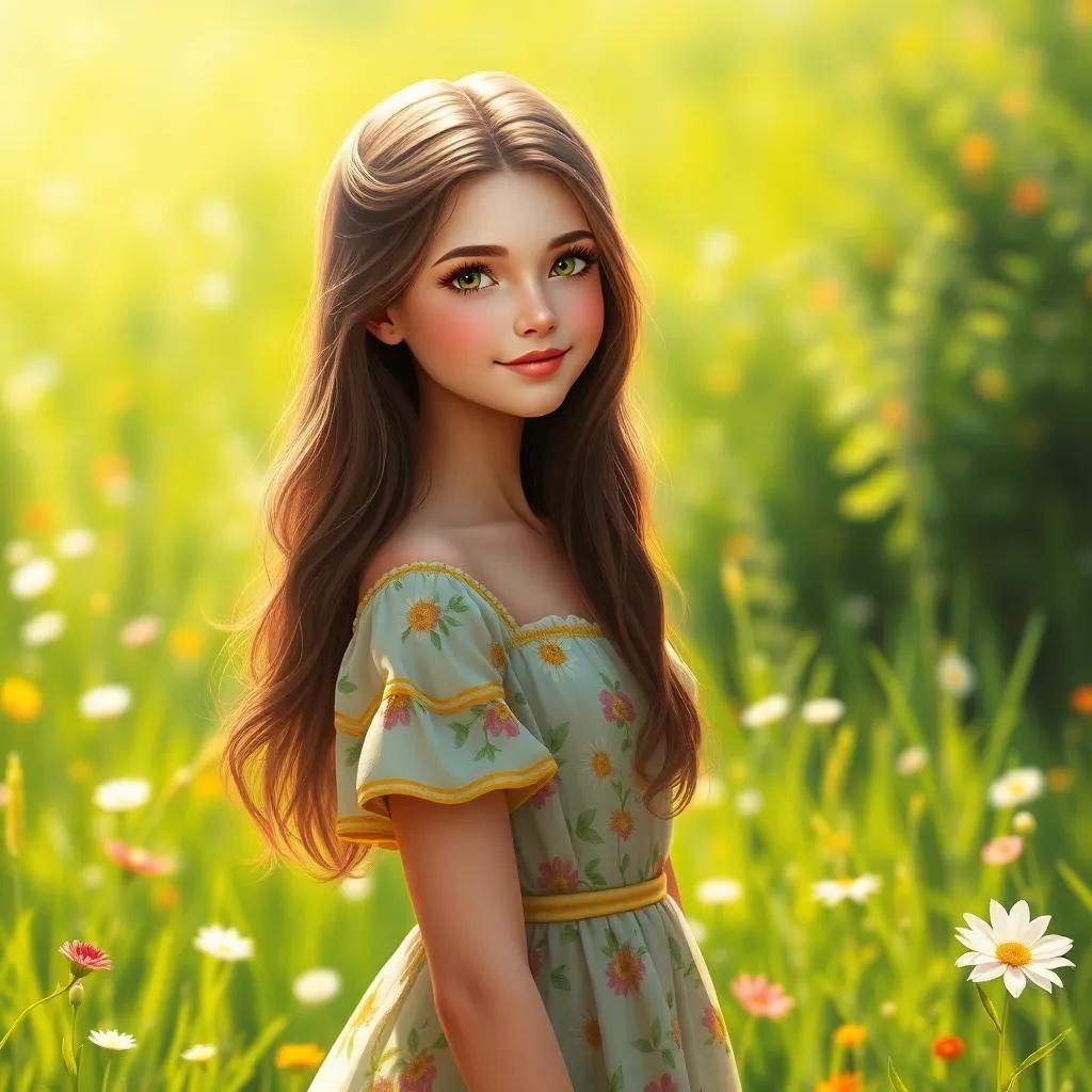 A beautiful girl, MIA, with long brown hair wearing a floral dress, standing in a sunny green meadow with flowers, bright sunlight, vibrant colors, cheerful atmosphere, enchantment in nature, digital art, high quality