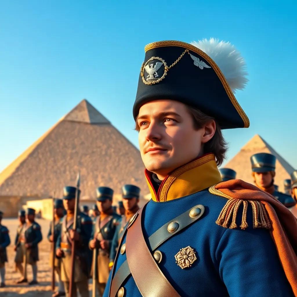 A brave French leader, Napoleon Bonaparte, with short brown hair, wearing a blue military uniform and a bicorne hat, standing before the great pyramids of Giza with his soldiers, blue sky, warm light, vibrant colors, historical depiction, high detail