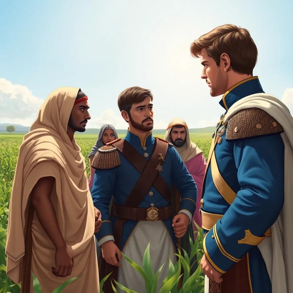 Napoleon Bonaparte, with short brown hair in a blue military uniform, having a conversation with sad peasants in traditional Egyptian clothing, in a green field with crops under a bright sun, detailed illustration, realistic, engaging atmosphere