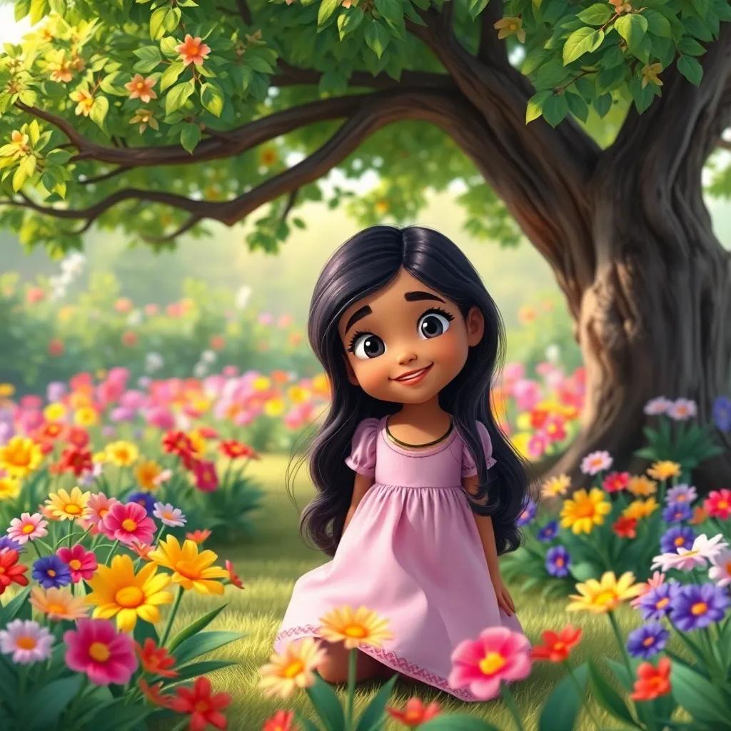 A young Arab girl, ناهل, with long dark hair and brown skin, playing in a vibrant garden filled with colorful flowers and a large tree providing shade, cheerful atmosphere, bright colors, child-friendly, high quality