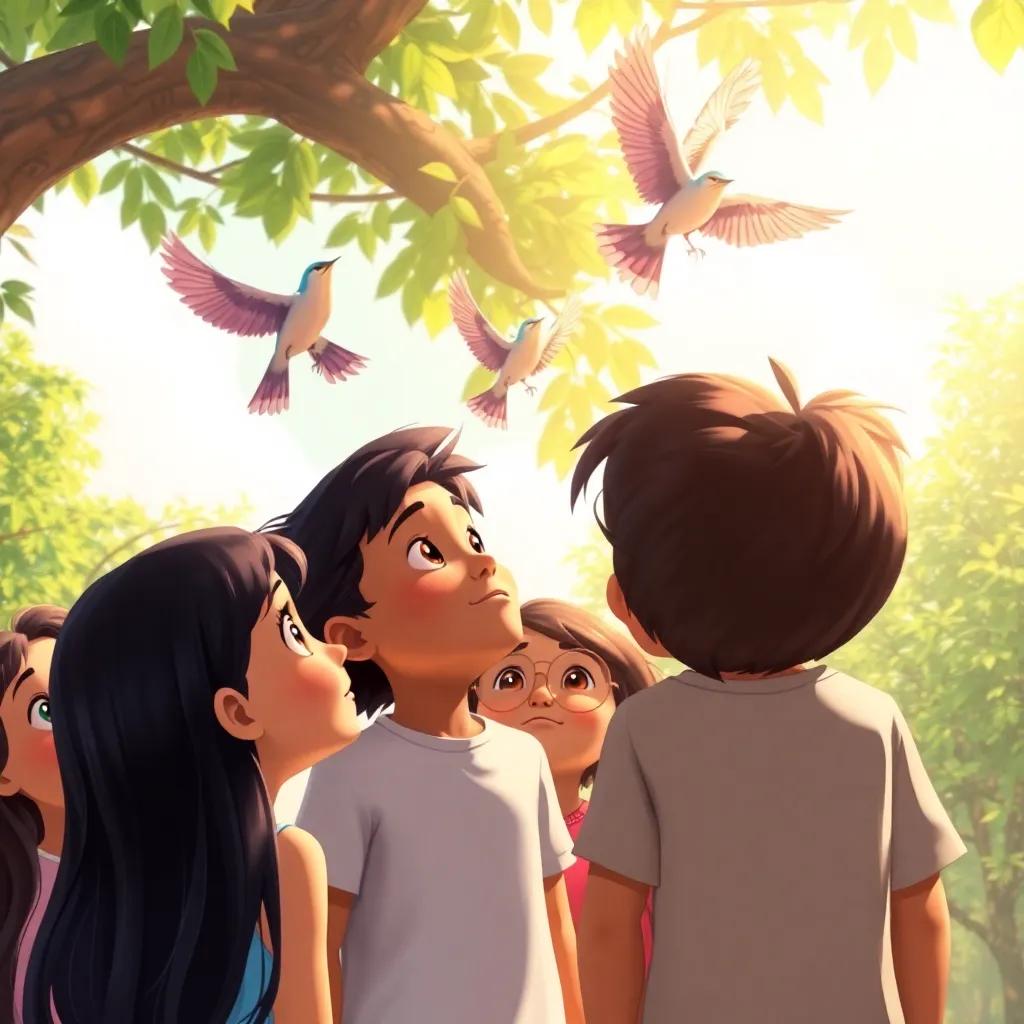 A group of children, including ناهل, with long dark hair and brown skin, looking curiously at beautiful singing birds in a tree, bright sunlight shining down, engaging scene, vibrant colors, adventurous, high quality