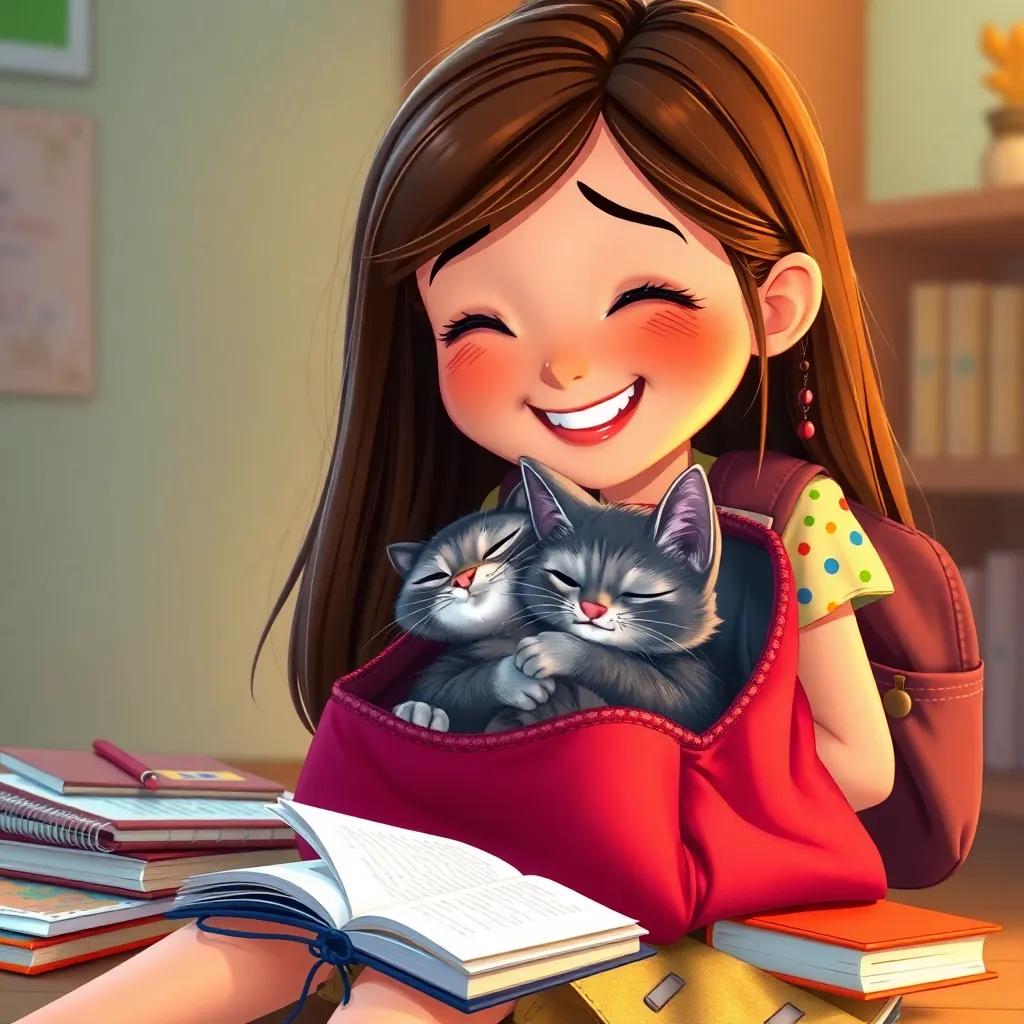 A young girl, Naia, with long brown hair wearing a colorful school dress, laughing as she sees a mischievous gray cat, Felix, sleeping in her open school bag surrounded by scattered books and notebooks, cheerful atmosphere, warm lighting, high quality