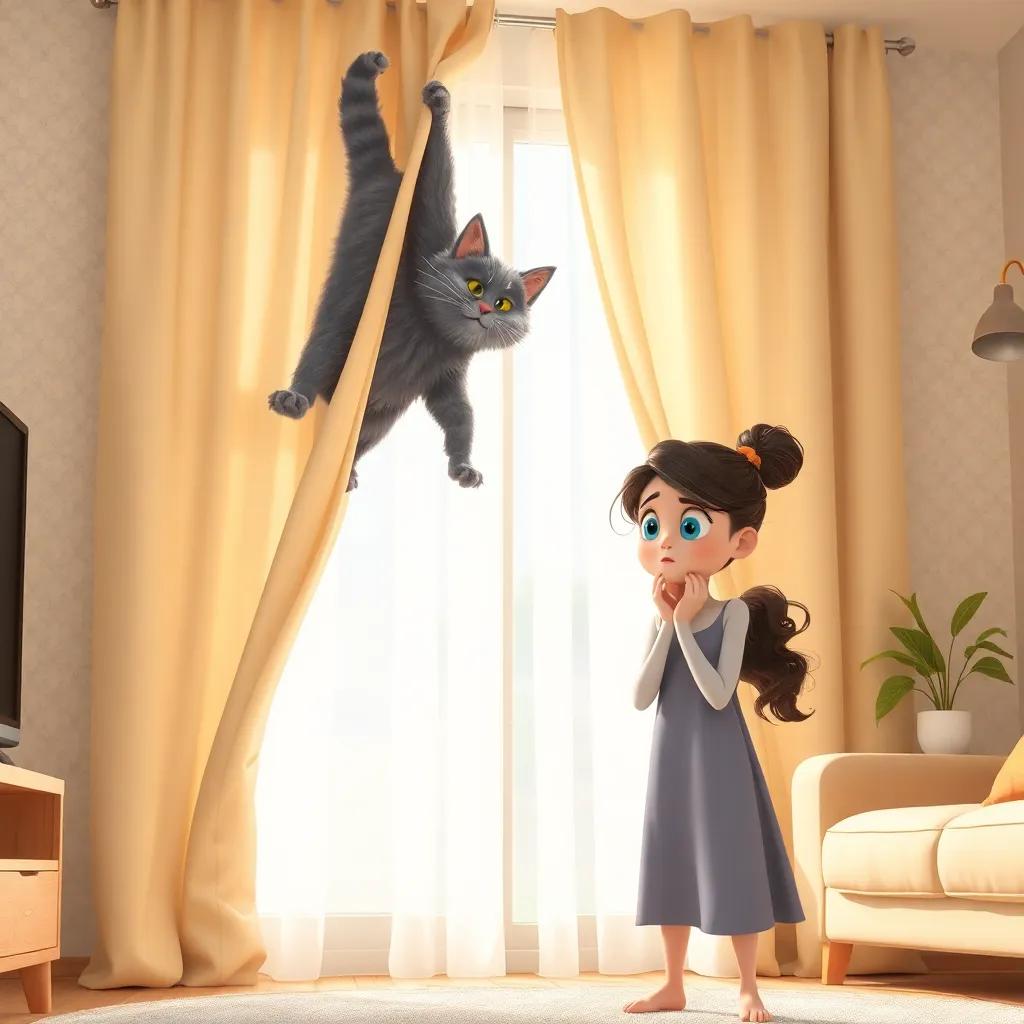 A mischievous gray cat, Felix, climbing light-colored curtains in a tidy living room, claws tearing the fabric as Naia stands below in shock with her hands on her mouth, bright and cheerful setting, high quality