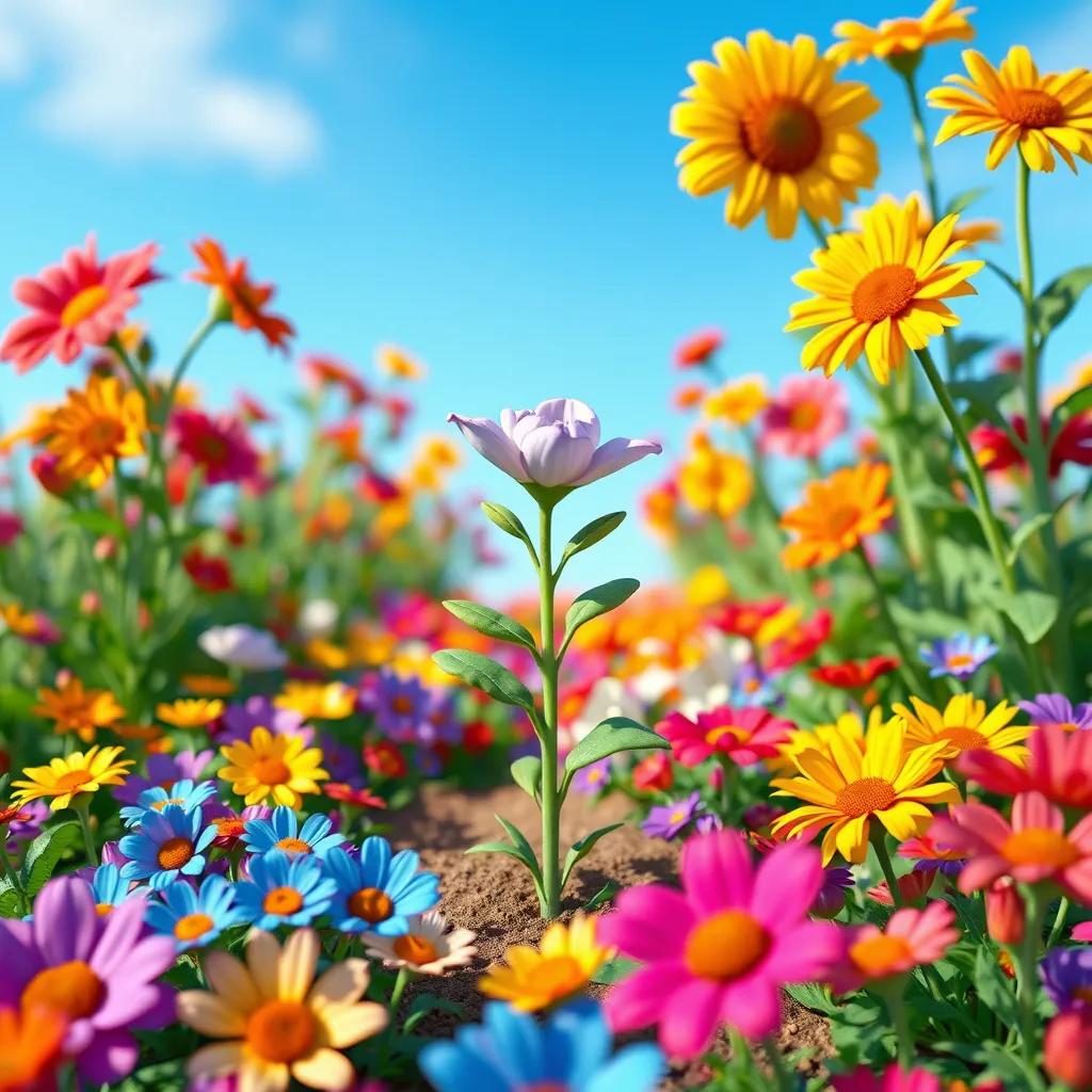A small plant named Tutu in a colorful garden filled with vibrant flowers, under a clear blue sky, digital art, bright colors, cheerful atmosphere, high quality