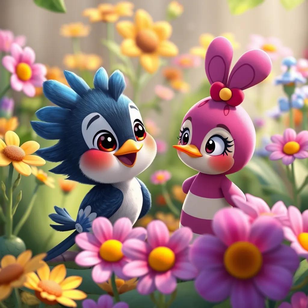 A cheerful small bird named Roro in the garden, looking at Tutu with friendly eyes, surrounded by colorful flowers, illustration, playful scene, bright colors, child-friendly