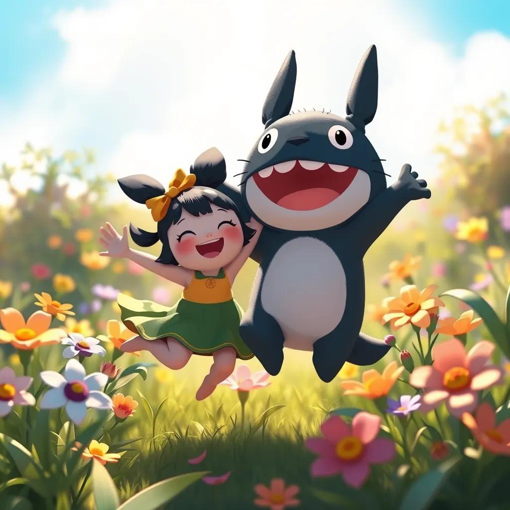 Tutu and Roro playing together among the flowers, jumping and smiling, sunlight shining down on them, digital painting, joyful atmosphere, high quality
