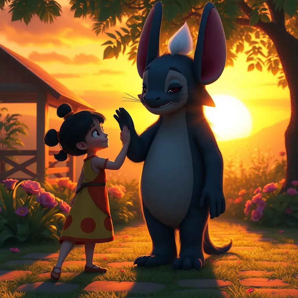 Tutu waving goodbye to Roro as the sun sets, warm colors reflecting in the garden, nostalgic atmosphere, digital painting, heartfelt scene, high quality
