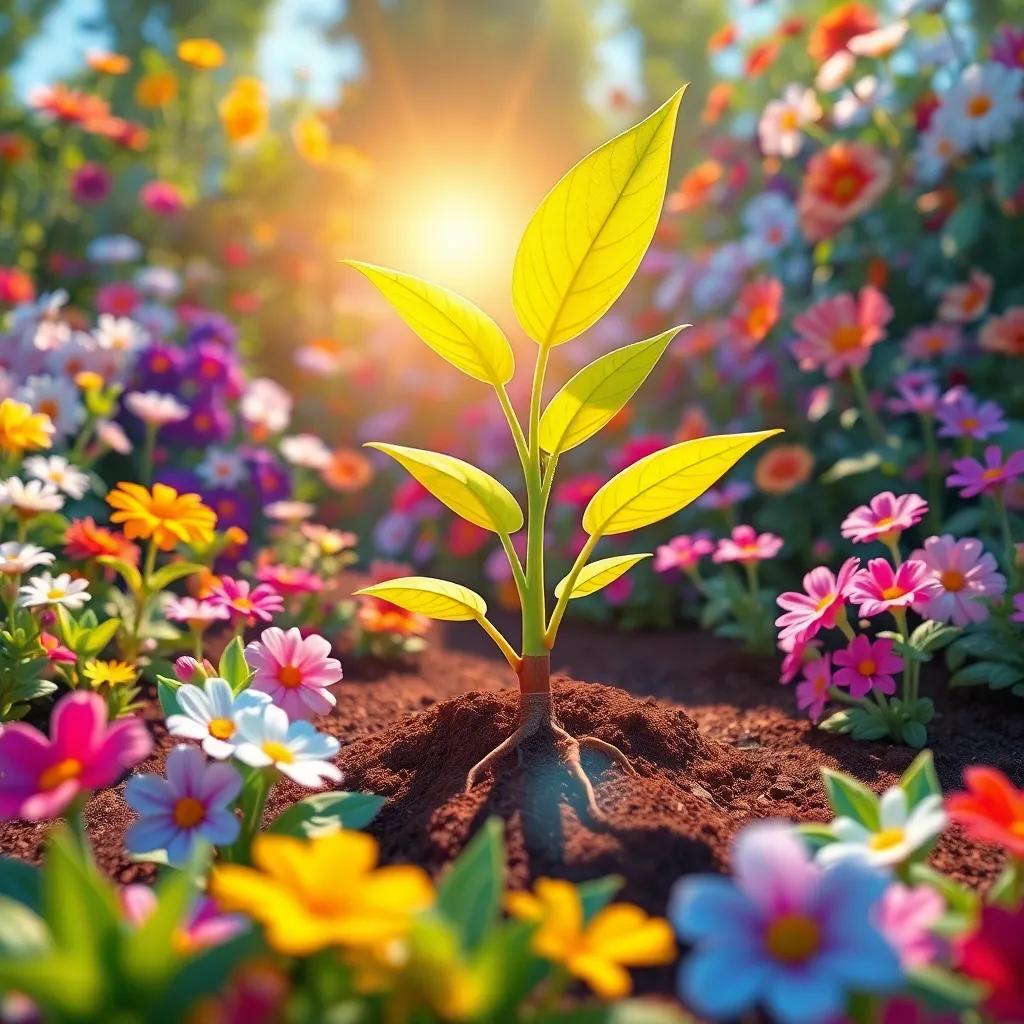 A colorful garden filled with flowers and plants, featuring a plant named Nada with vibrant green leaves, a root digging into the soil, and sun shining brightly, digital art, lively and cheerful atmosphere, bright colors, high quality