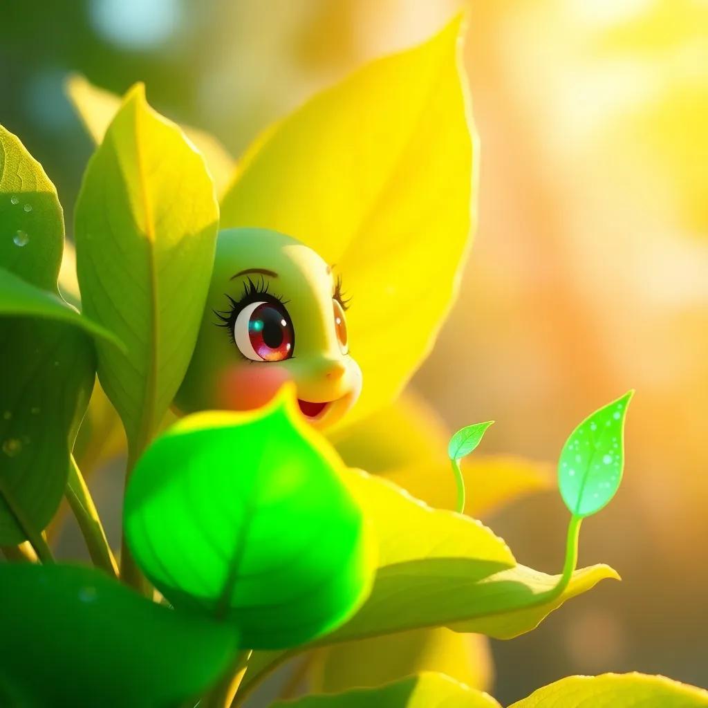 A close-up of Nada the plant, with lush green leaves sparkling in the sunlight, engaging in conversation with her friends the leaves, and showcasing the process of photosynthesis with a magical glow, illustration, nature-themed, colorful, enchanting