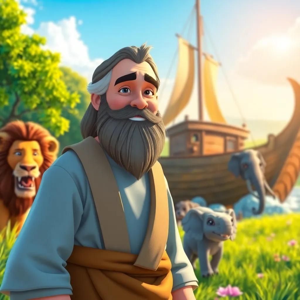 A kind and wise man, Noah, with a gentle expression and a long beard, standing next to a large wooden boat, surrounded by animals like lions and elephants, in a lush green landscape, bright sunlight, cheerful atmosphere, digital painting, colorful and vibrant