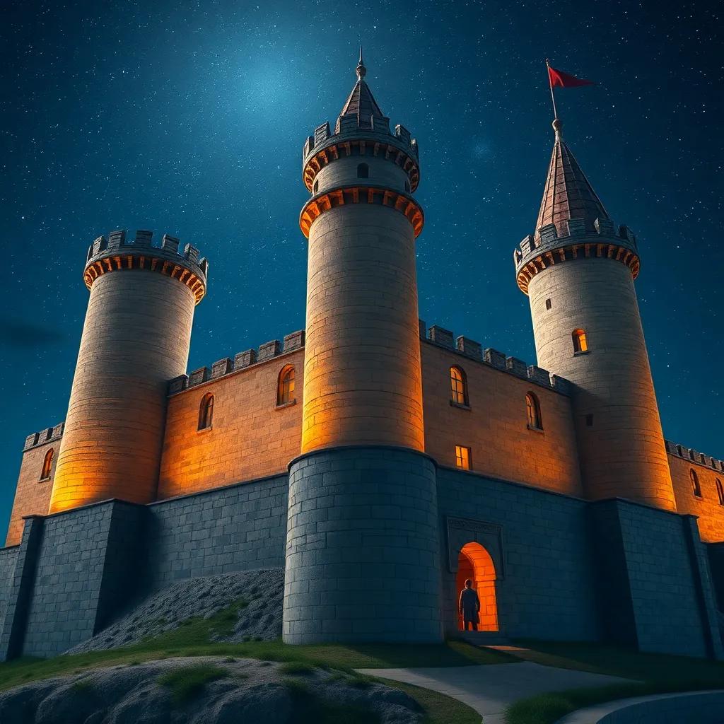 A majestic castle, Sinjar, with tall towers and stone walls, under a starry night sky, with a young brave man looking out from a small window, digital art, vibrant colors, captivating, high quality